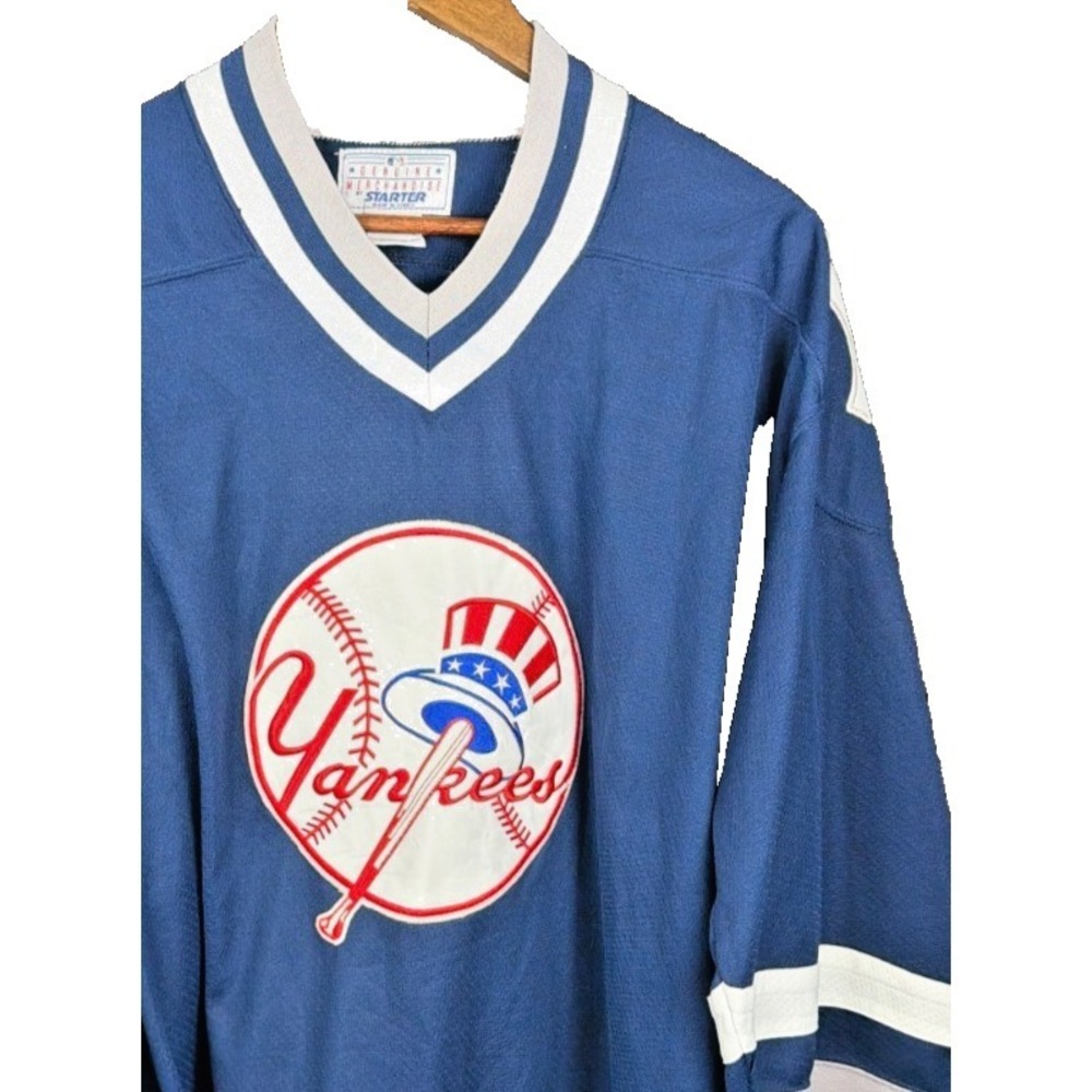 Starter New York Yankees Hockey Jersey Sewn Logo Vintage V-Neck Mesh Blue L